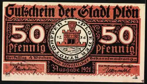 Notgeld Plön 1921, 50 Pfennig, Darstellung des Wendenkriegs und Stadtwappen