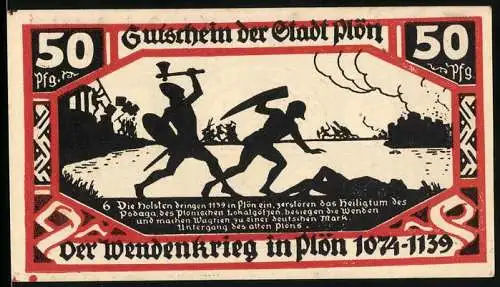 Notgeld Plön 1921, 50 Pfennig, Der Wendenkrieg in Plön 1074-1139, Stadtwappen und Burg