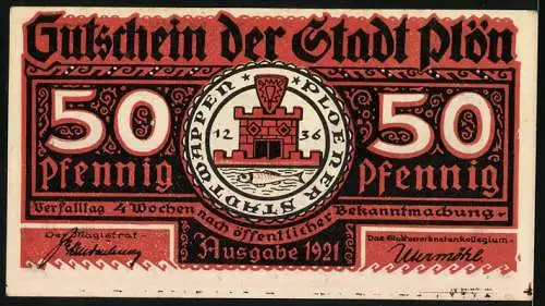 Notgeld Plön 1921, 50 Pfennig, Der Wendenkrieg in Plön 1074-1139, Stadtwappen und Burg