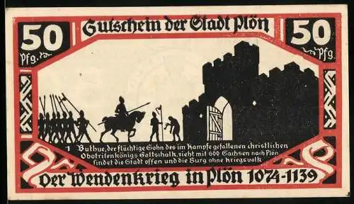 Notgeld Plön 1921, 50 Pfennig, Der Wendenkrieg in Plön 1074-1139 und Stadtwappen