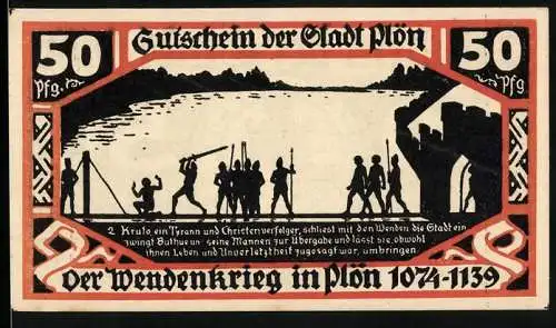 Notgeld Plön, 1921, 50 Pfennig, Der Wendenkrieg in Plön 1074-1139, Stadtwappen mit Burg und Fisch