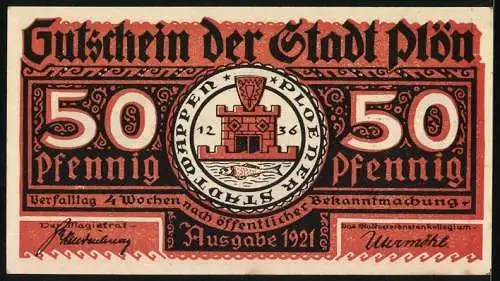 Notgeld Plön, 1921, 50 Pfennig, Der Wendenkrieg in Plön 1074-1139, Stadtwappen mit Burg und Fisch