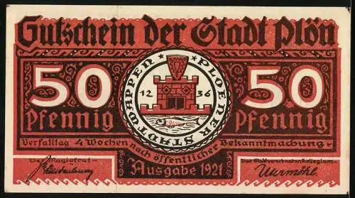 Notgeld Plön, 1921, 50 Pfennig, Darstellung des Wendenkriegs und Stadtwappen