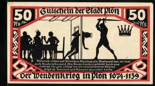 Notgeld Plön 1921, 50 Pfennig, Der Wendenkrieg in Plön 1074-1139, Hinten Stadtwappen und Unterschriften