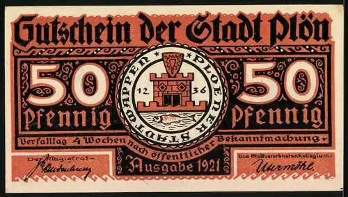 Notgeld Plön 1921, 50 Pfennig, Der Wendenkrieg in Plön 1074-1139, Hinten Stadtwappen und Unterschriften