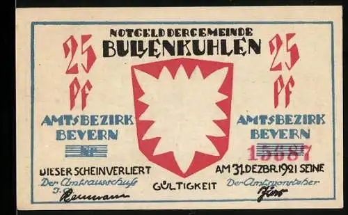 Notgeld Bullenkuhlen, 1921, 25 Pf, Amtsbezirk Bevern, Wappen und Hafenszene