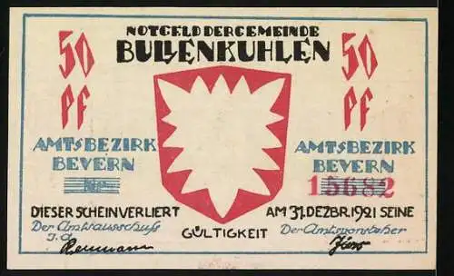 Notgeld Bullenkuhlen, 1921, 50 Pf, Amtsbezirk Bevern, Vorderseite Segelboote, Rückseite Wappen