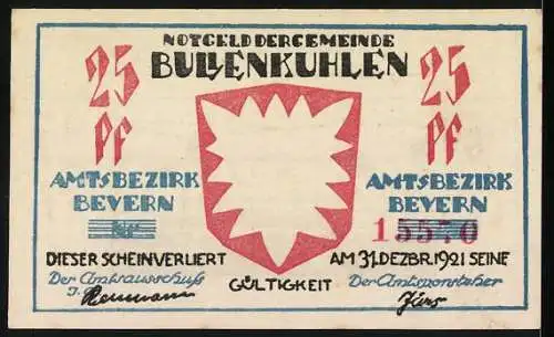 Notgeld Bullenkuhlen 1921, 25 Pf, Landschaftsmotiv mit Bäumen und Schiff, Amtsbezirk Bevern