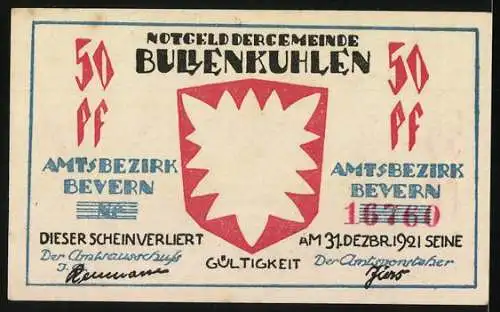 Notgeld Bullenkuhlen 1921, 50 Pf, Amtsbezirk Bevern, Landschaft mit Mühlen und Wappen