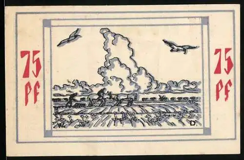 Notgeld Bullenkuhlen 1921, 75 Pf, Landschaft mit Zug und Vögeln, Amtsbezirk Bevern