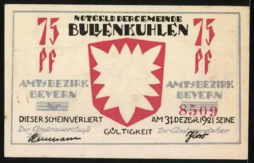 Notgeld Bullenkuhlen 1921, 75 Pf, Landschaft mit Zug und Vögeln, Amtsbezirk Bevern