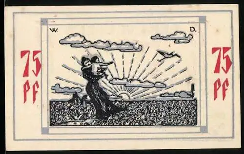 Notgeld Bullenkuhlen 1921, 75 Pf, Sonnenaufgang mit Figur und Wappen der Gemeinde