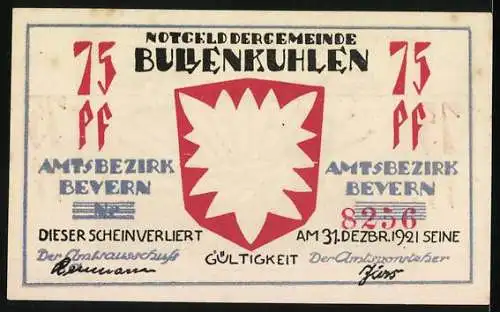 Notgeld Bullenkuhlen 1921, 75 Pf, Sonnenaufgang mit Figur und Wappen der Gemeinde