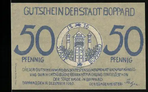 Notgeld Boppard, 1920, 50 Pfennig, Gutschein der Stadt Boppard mit Stadtwappen und Stadtansicht