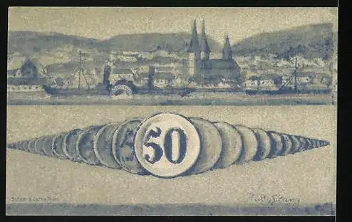 Notgeld Boppard, 1920, 50 Pfennig, Gutschein der Stadt Boppard mit Stadtwappen und Stadtansicht