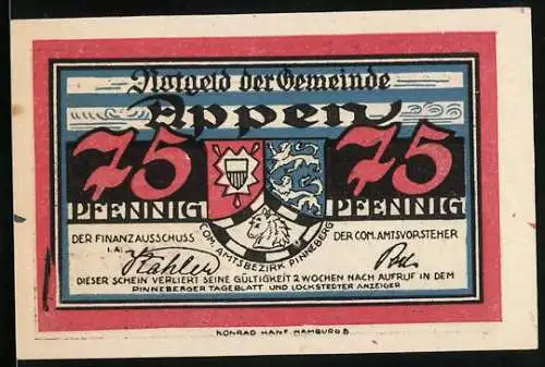 Notgeld Appen, 1921, 75 Pfennig, farbenfrohes Design mit Stadtwappen und Eichenbaum-Motiv