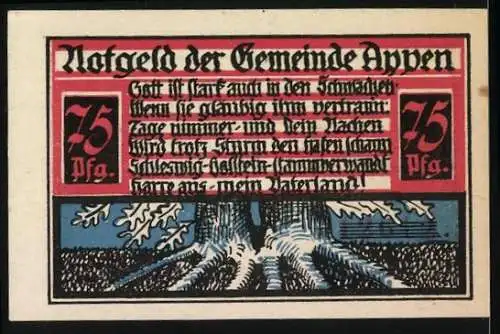 Notgeld Appen, 1921, 75 Pfennig, farbenfrohes Design mit Stadtwappen und Eichenbaum-Motiv