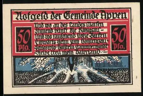 Notgeld Appen, 1921, 50 Pfennig, Darstellung eines Baumes und Wappen der Gemeinde Appen