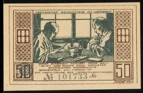 Notgeld Birkenfeld 1921, 50 Pfennig, Obersteiner Goldschmiede am Werkbrett und Landschaftansicht