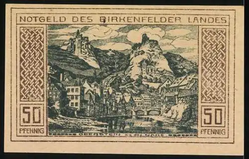 Notgeld Birkenfeld 1921, 50 Pfennig, Obersteiner Goldschmiede am Werkbrett und Landschaftansicht