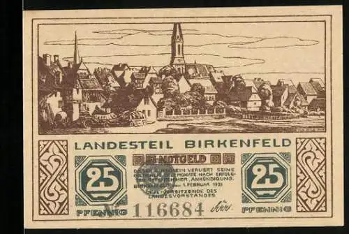 Notgeld Birkenfeld, 1921, 25 Pfennig, Stadtansicht mit Kirche und Hirsch im Wald