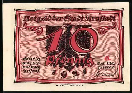 Notgeld Arnstadt 1921, 10 Pfennig, Stadtwappen mit Adler, Frauen bei der Arbeit