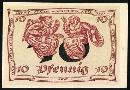 Notgeld Arnstadt 1921, 10 Pfennig, Stadtwappen mit Adler, Frauen bei der Arbeit