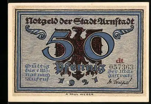 Notgeld Arnstadt 1921, 50 Pfennig, Adler und Plünderung durch Scharen Banners