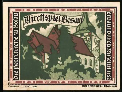 Notgeld Bosau 1921, 1 Mark, Darstellung der Peterkirche und Waldlandschaft