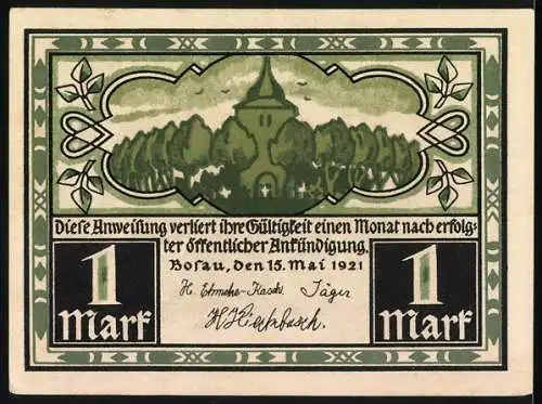 Notgeld Bosau 1921, 1 Mark, Darstellung der Peterkirche und Waldlandschaft