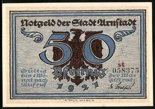 Notgeld Arnstadt 1921, 50 Pfennig, Vorderseite Adler und Rückseite grosser Brand 1581