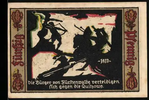 Notgeld Fürstenwalde, 1921, 50 Pfennig, Bürger verteidigen sich gegen die Quitzows, Stadtwappen und Eichenlaub