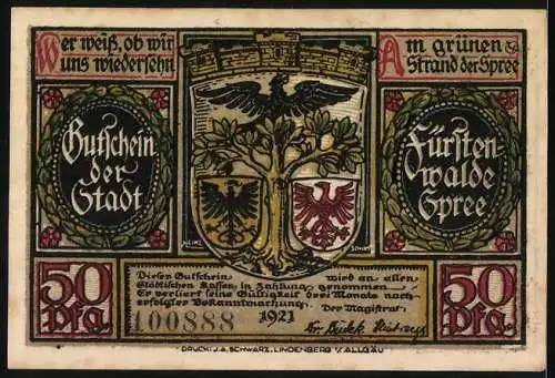 Notgeld Fürstenwalde, 1921, 50 Pfennig, Bürger verteidigen sich gegen die Quitzows, Stadtwappen und Eichenlaub