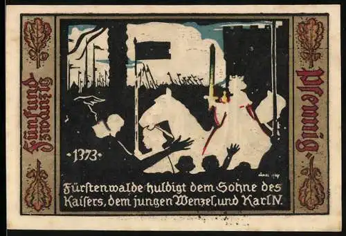 Notgeld Fürstenwalde 1921, 25 Pfennig, Ritter huldigt dem Kaiser, Stadtwappen mit Adlern