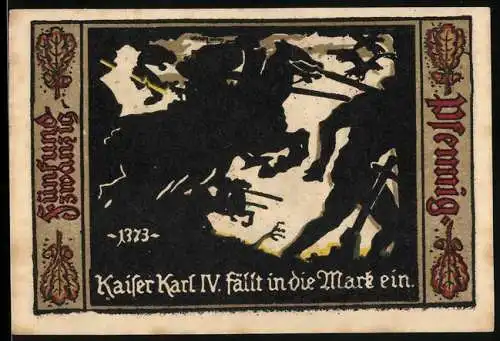 Notgeld Fürstenwalde / Spree 1921, 25 Pfennig, Kaiser Karl IV. fällt in die Mark ein, Stadtwappen und deutsches Gedicht