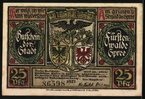 Notgeld Fürstenwalde / Spree 1921, 25 Pfennig, Kaiser Karl IV. fällt in die Mark ein, Stadtwappen und deutsches Gedicht