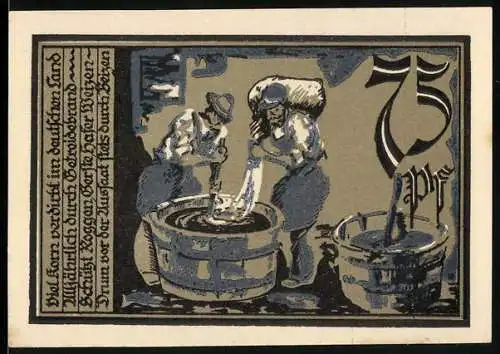 Notgeld Aschersleben, 1921, 75 Pfennig, Waschszene mit zwei Figuren und Textillustration