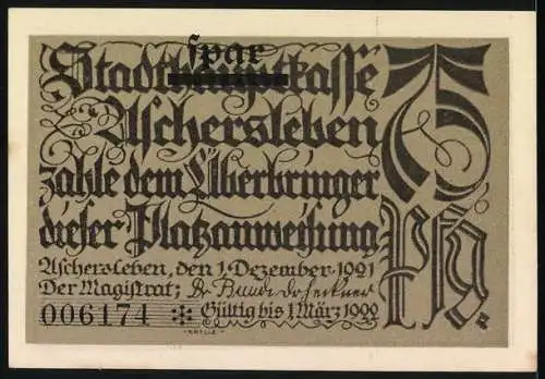 Notgeld Aschersleben, 1921, 75 Pfennig, Waschszene mit zwei Figuren und Textillustration