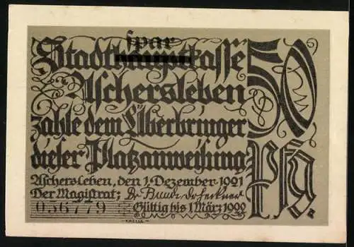 Notgeld Aschersleben 1921, 50 Pf, Mann in einem Weinberg sitzend