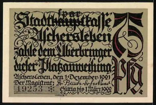 Notgeld Aschersleben, 1921, 75 Pfennig, Stadtkaplanei und Bäckergasse Szenerie