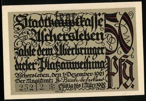 Notgeld Aschersleben 1921, 50 Pfennig, Stadtbankkasse und Postkontorhaus