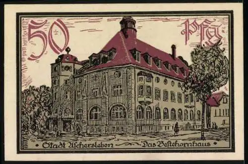 Notgeld Aschersleben 1921, 50 Pfennig, Stadtbankkasse und Postkontorhaus