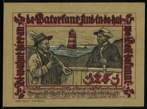 Notgeld Pries-Friedrichsort 1921, 25 Pfennig, Fischer und Leuchtturm / Kinder mit Hühnern