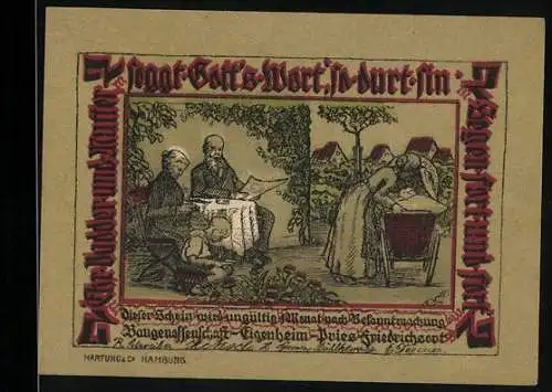 Notgeld Pries-Friedrichsort, 2 Mark, Familie bei der Gartenarbeit und Haus im Grünen