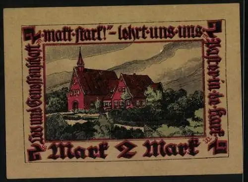 Notgeld Pries-Friedrichsort, 2 Mark, Familie bei der Gartenarbeit und Haus im Grünen