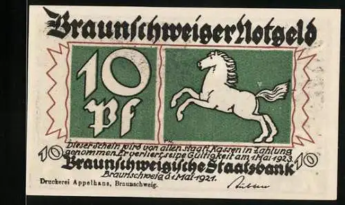 Notgeld Braunschweig 1921, 10 Pf, Vorderseite Pferd, Rückseite Fahrt in die Berge