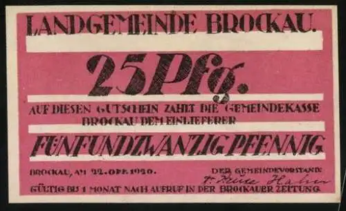 Notgeld Brockau, 1920, 25 Pfennig, Lokomotive, Rot und Schwarz mit Text und Signatur, Gültig bis 1 Monat nach Aufruf