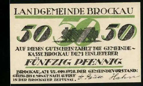 Notgeld Brockau, 1920, 50 Pfennig, grün-schwarz mit Eisenbahner-Motiv eines Rades und Flügeln