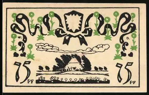 Notgeld Ellerhoop, 1920, 75 Pf, Amtsbezirk Bevern, Illustration von Haus und Pflanzen