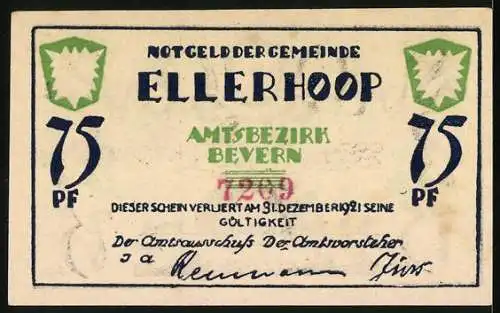 Notgeld Ellerhoop, 1920, 75 Pf, Amtsbezirk Bevern, Illustration von Haus und Pflanzen